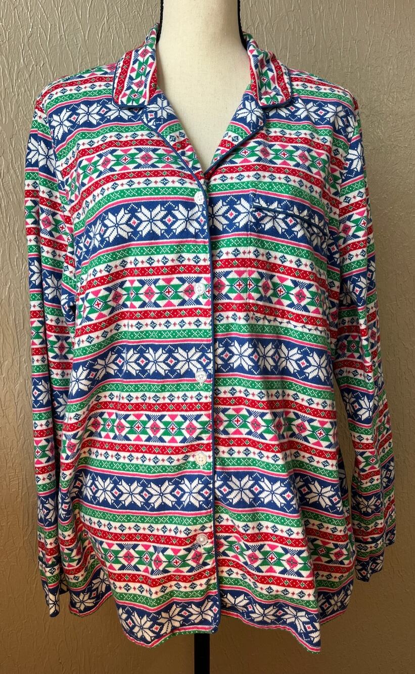 Lands End Women's Holiday Pajama Flannel Top Green Sleep Shirt Fair Isle XL/18